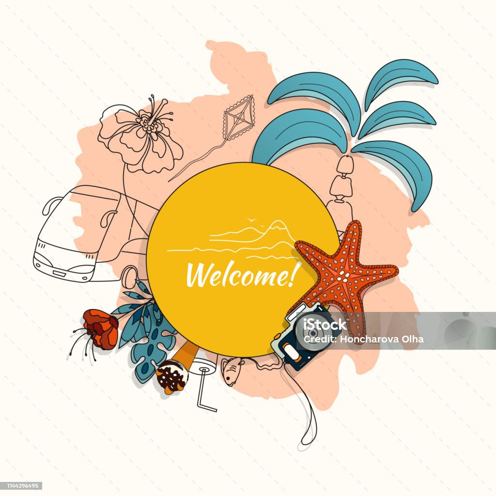 Tropical design for banner or flyer with palm leaves, flowers, camera, cocktail, ice cream and inscription Welcome. Tropical hand-drawn style design for banner or flyer with palm leaves, flowers, camera, cocktail, ice cream and inscription Welcome. Vector illustration Bus stock vector