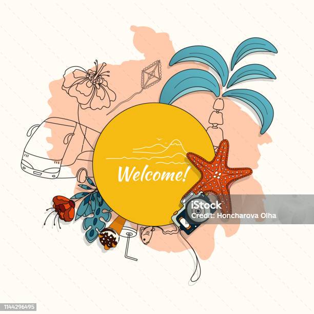 Tropical Design For Banner Or Flyer With Palm Leaves Flowers Camera Cocktail Ice Cream And Inscription Welcome Stock Illustration - Download Image Now