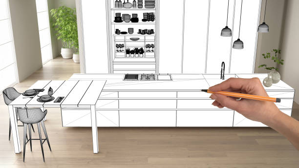 istock Unfinished project, under construction draft, concept interior design sketch, hand drawing modern kitchen blueprint sketch in real home background, architect designer idea, top view 1144297126