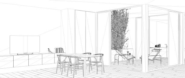 istock Blueprint project draft, sketch of minimalist living room with dining table, interior design concept idea, modern apartment with parquet floor, contemporary furniture 1144298865