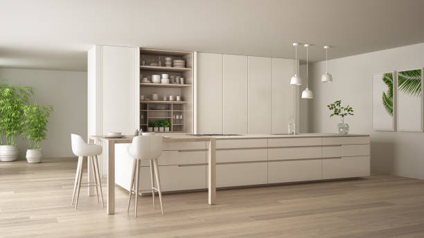 istock White minimalist kitchen in eco friendly apartment, island, table, stools and open cabinet with accessories, big window, bamboo and hydroponic vases, parquet , interior design idea 1144298921