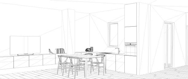 istock Blueprint project draft, sketch of minimalist white kitchen with dining table and parquet floor, interior design concept idea, modern apartment with parquet floor 1144298990