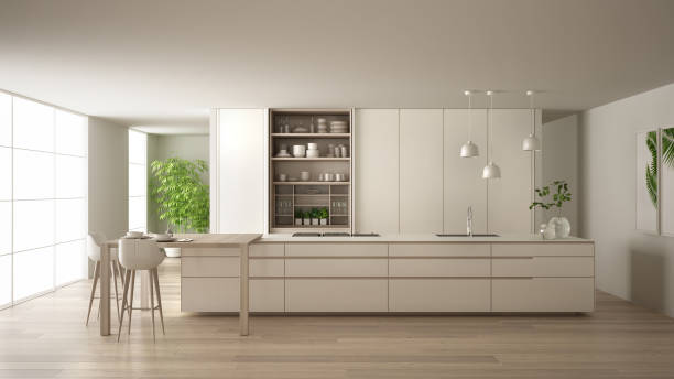 istock White minimalist kitchen in eco friendly apartment, island, table, stools and open cabinet with accessories, big window, bamboo and hydroponic vases, parquet , interior design idea 1144299092
