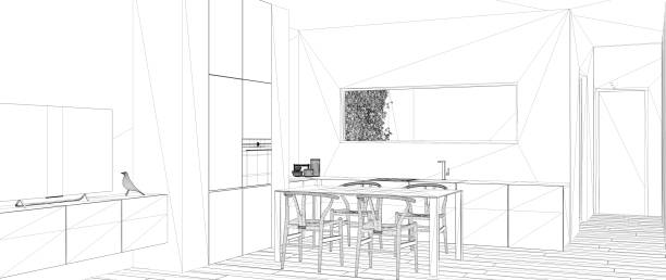 istock Blueprint project draft, sketch of minimalist white kitchen with dining table and parquet floor, ribbon window, interior design concept idea, modern apartment with parquet floor 1144299275