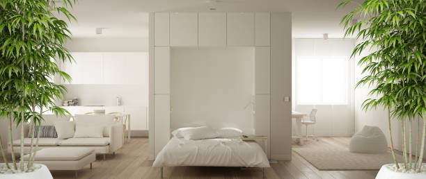 istock Zen interior with potted bamboo plant, natural interior design concept, one room apartment, small kitchen with parquet and table and sofa murphy bed, modern architecture concept idea 1144300310