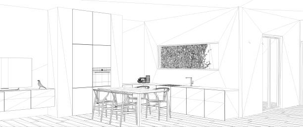 istock Blueprint project draft, sketch of minimalist white kitchen with dining table and parquet floor, ribbon window, interior design concept idea, modern apartment with parquet floor 1144300955