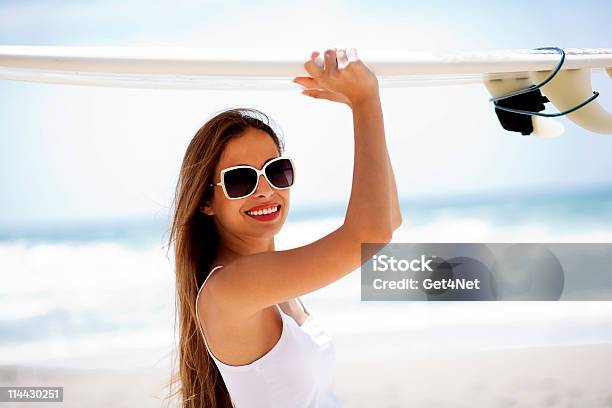 Young Woman With Surfboard On Head Stock Photo - Download Image Now - Adult, Adults Only, Beach