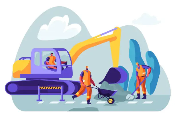 Vector illustration of Excavator Dig Hole in Ground, Male Workers Remove Soil with Shovel and Wheelbarrow. Bagger Excavating Work on Foundation, Road Repair, Construction Machinery in Action Cartoon Flat Vector Illustration