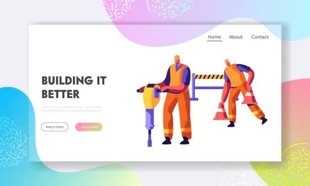 Vector illustration of Workers Characters with Jackhammer and Traffic Cones Prepare Road for Repair and Asphalt Maintenance Infrastructure Construction Website Landing Page, Web Page Cartoon Flat Vector Illustration, Banner