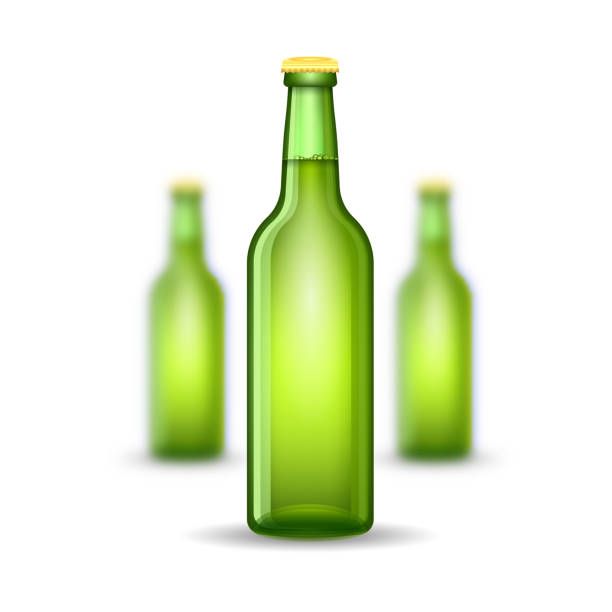 istock Three realistic mock up green glass bottle of beer on white background. Vector illustration one bottle sharp and two bottles depth of field 1144306760
