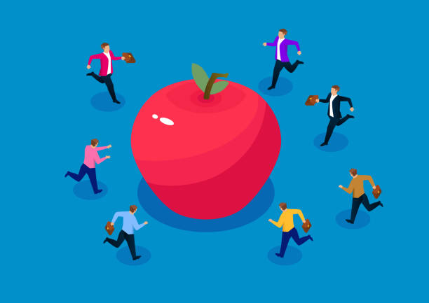 ilustraciones, imágenes clip art, dibujos animados e iconos de stock de la competencia, la multitud corrió a una gran manzana - problems chance motivation incentive