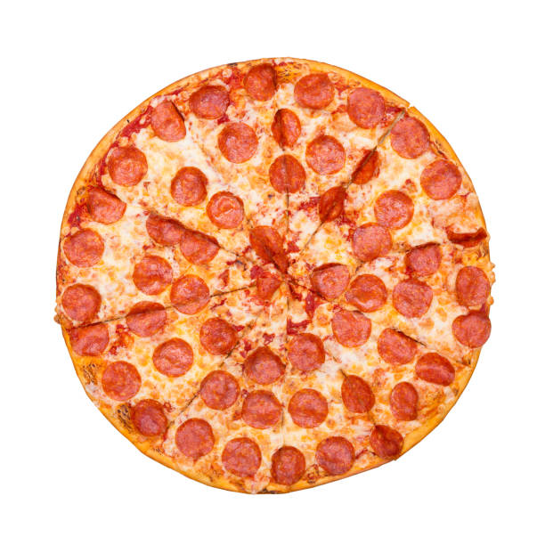 istock Fresh tasty pizza with pepperoni isolated on white background. Top view 1144308494