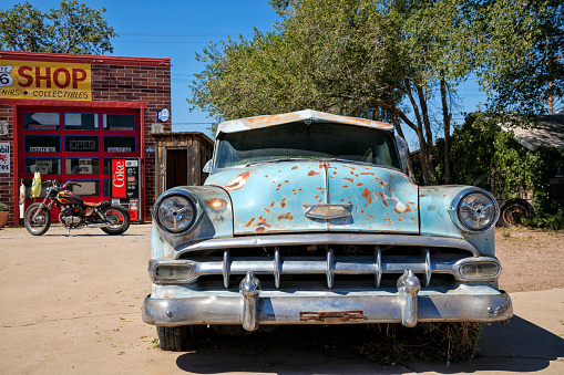 Front view of vintage American car, classic Chevrolet standing in Seligman, Arizona, United States.