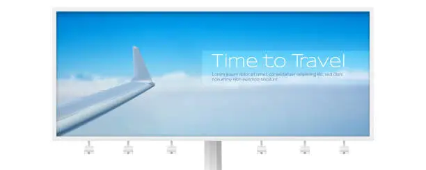 Vector illustration of View of the sky and wing of the aircraft from the window. Air transport in the blue clear sky on billboard isolated on white. Time to travel. Realistic vector 3d illustration for travel agency.