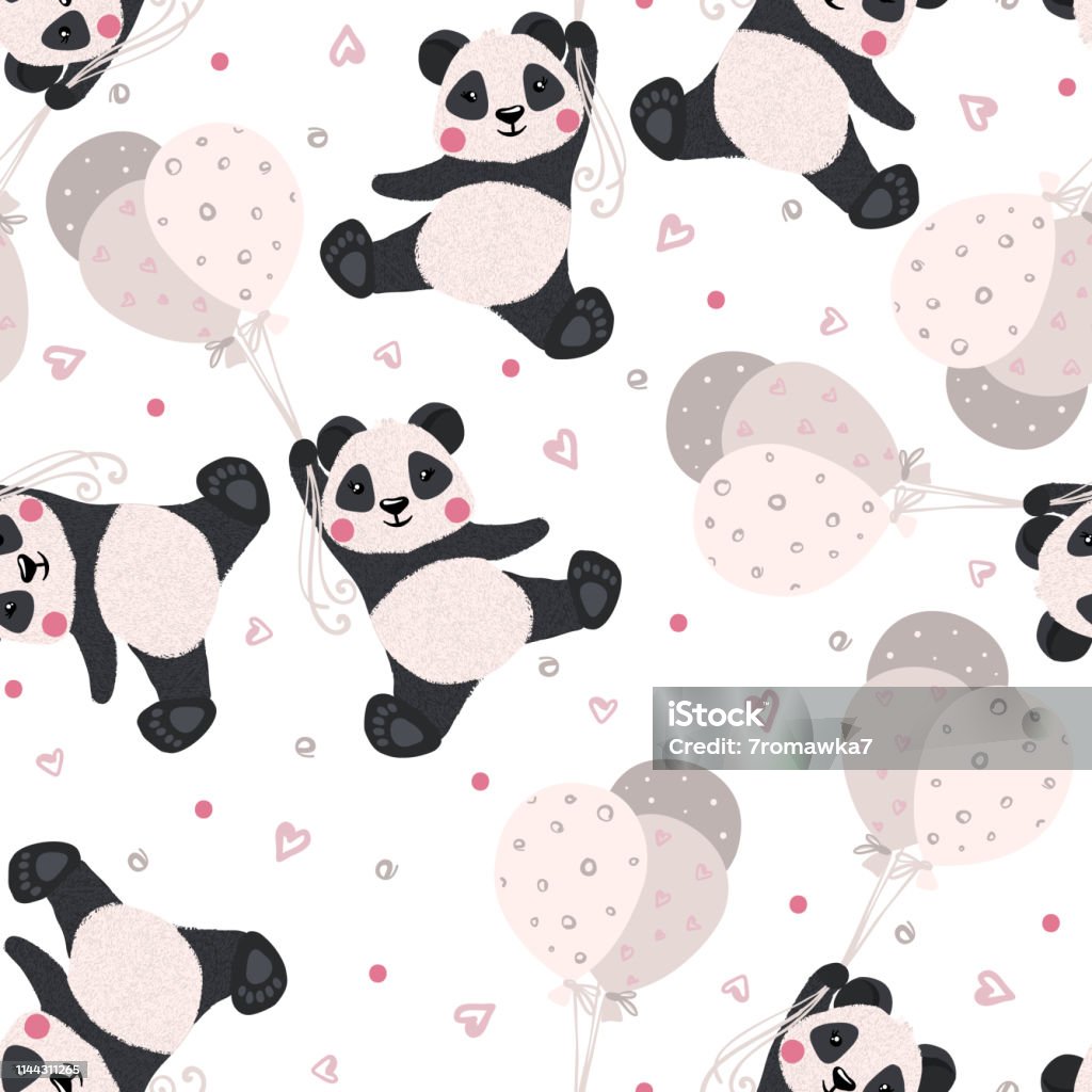 Seamless pattern with panda and balloon isolated on white background, Vector illustration. Seamless pattern with panda and balloon isolated on white background, Cute animal design element for fabric, textile, wallpaper, scrapbooking or others. Vector illustration. Animal stock vector