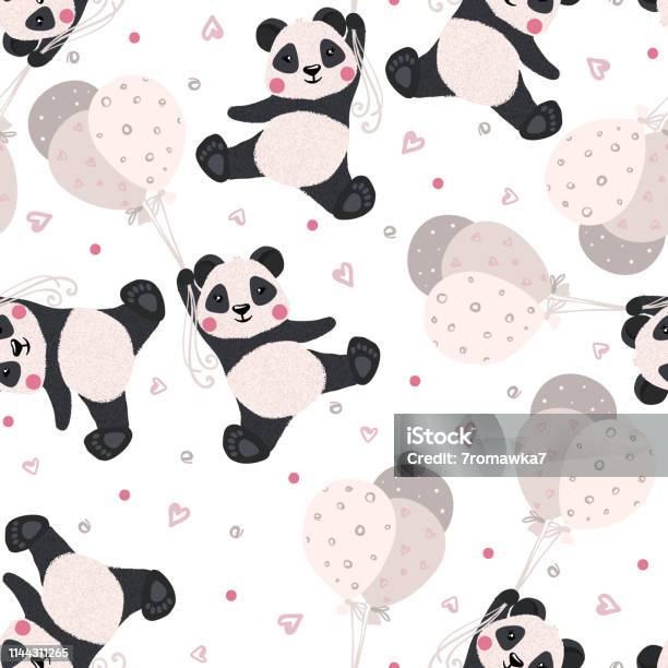 Seamless Pattern With Panda And Balloon Isolated On White Background Vector Illustration Stock Illustration - Download Image Now