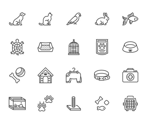 Pet shop flat line icons set. Dog carrier, cat scratcher, bird cage, rabbit, fish aquarium, pets paw, collar vector illustrations. Thin signs for veterinary. Pixel perfect 64x64. Editable Strokes Pet shop flat line icons set. Dog carrier, cat scratcher, bird cage, rabbit, fish aquarium, pets paw, collar vector illustrations. Thin signs for veterinary. Pixel perfect 64x64. Editable Strokes. dog bed stock illustrations