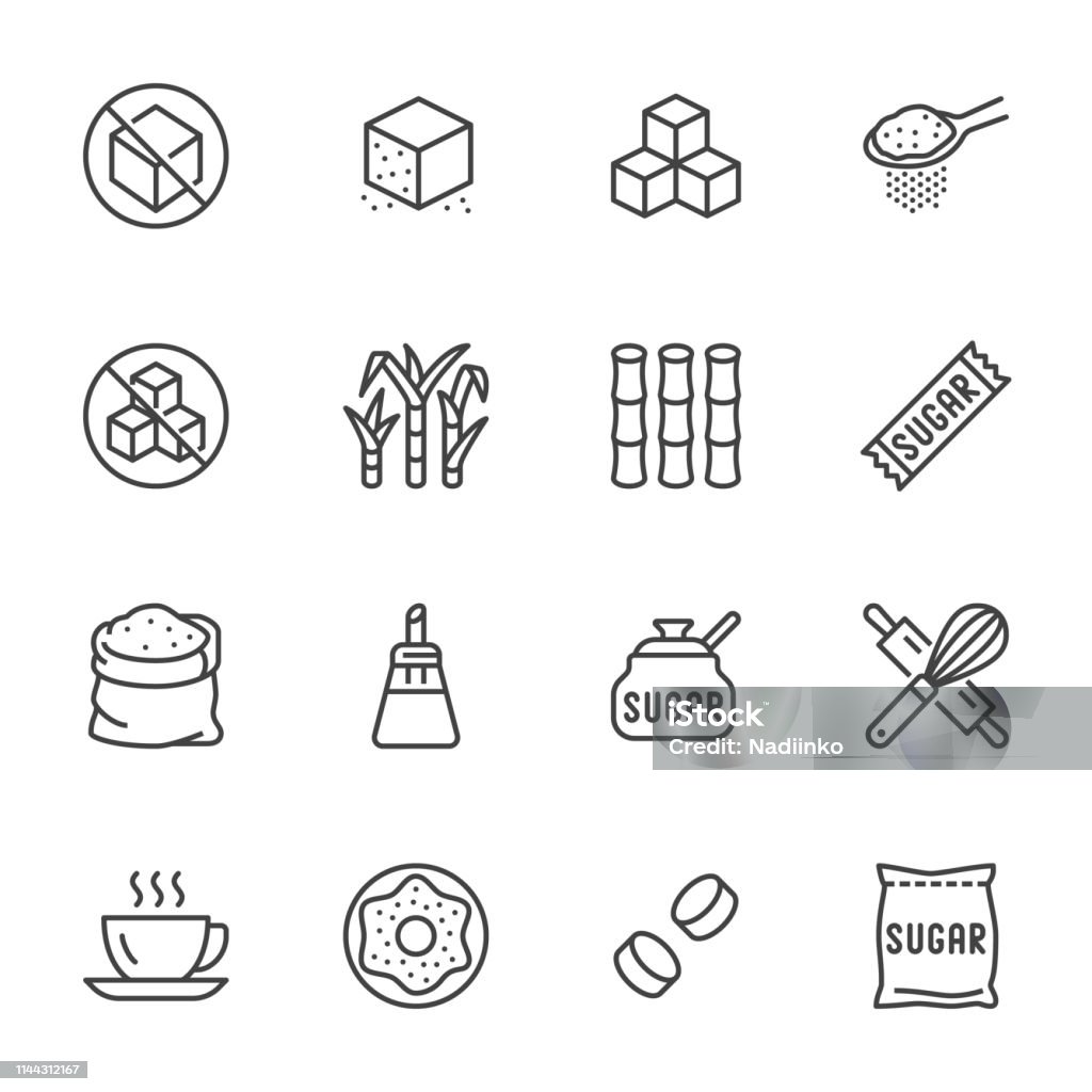 Sugar cane, cube flat line icons set. Sweetener, stevia, bakery products vector illustrations. Outline signs for sugarless food. Pixel perfect 64x64. Editable Strokes - Royalty-free Ícone arte vetorial
