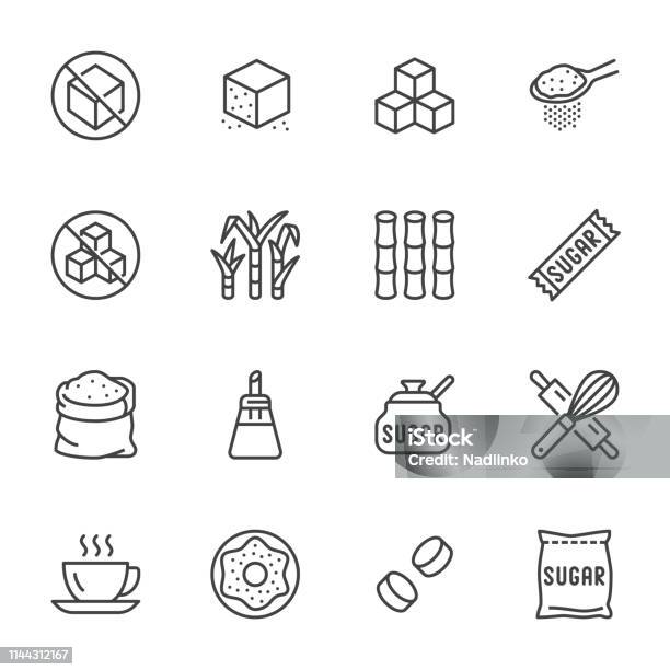 Sugar Cane Cube Flat Line Icons Set Sweetener Stevia Bakery Products Vector Illustrations Outline Signs For Sugarless Food Pixel Perfect 64x64 Editable Strokes - Arte vetorial de stock e mais imagens de Ícone