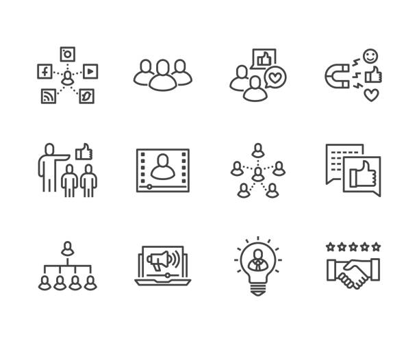 Key Opinion Leader flat line icons set. Influence marketing, social media advertising, business people, blogger vector illustrations. Thin signs for KOL. Pixel perfect 64x64. Editable Strokes Key Opinion Leader flat line icons set. Influence marketing, social media advertising, business people, blogger vector illustrations. Thin signs for KOL. Pixel perfect 64x64. Editable Strokes. influencer stock illustrations