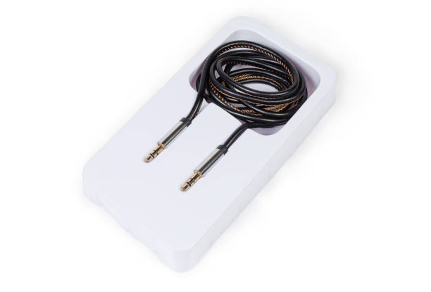 istock Analog audio cable with mini stereo connectors in plastic packaging 1144312280