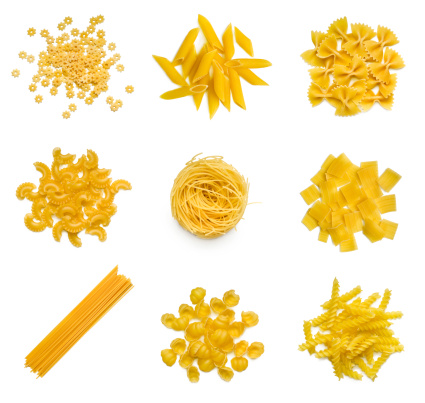 Big collection of italian pasta isolated on white background