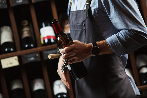 Sommelier holding bottle of red wine in cellar on background of shelves with elite alchoholic drinks, best choice in winemaking