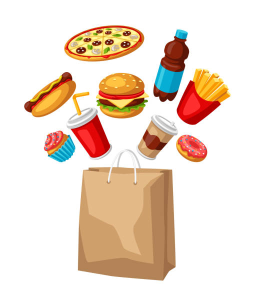 illustrazioni stock, clip art, cartoni animati e icone di tendenza di illustrazione con pasto fast food. gustosi prodotti per il pranzo fastfood. - coffee donut old fashioned snack