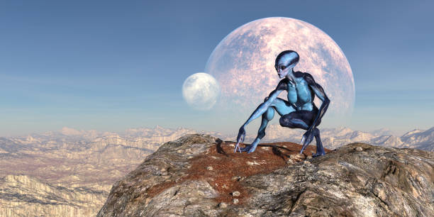 istock Illustration of an alien crouching on an alien world 1144317525