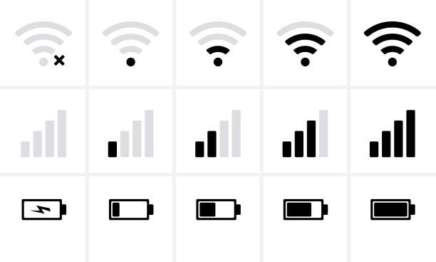 illustrazioni stock, clip art, cartoni animati e icone di tendenza di stato della barra del telefono icone, icona della batteria, potenza del segnale wifi - digital signal