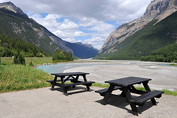 istock Picnic tables near the river in Field 114432193