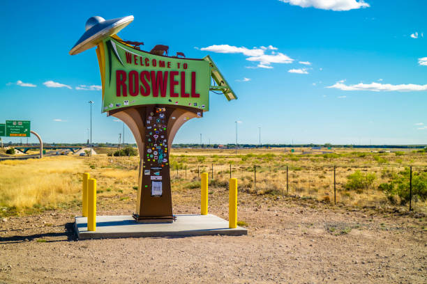 An entrance road going to Roswell, New Mexico stock photo