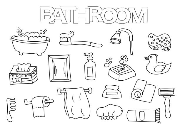 ilustraciones, imágenes clip art, dibujos animados e iconos de stock de elementos de baño dibujados a mano. - shower child shampoo washing