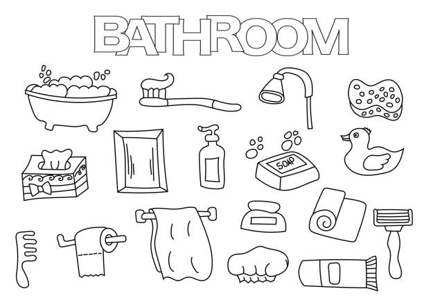Bathroom elements hand drawn set. Bathroom elements hand drawn set. Coloring book template.  Outline doodle elements vector illustration. Kids game page. mirror object patterns stock illustrations