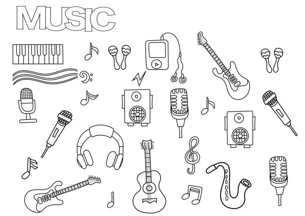 Hand drawn music set. Coloring book page template Hand drawn music set. Coloring book page template.  Outline doodle vector illustration. guitar drawings stock illustrations