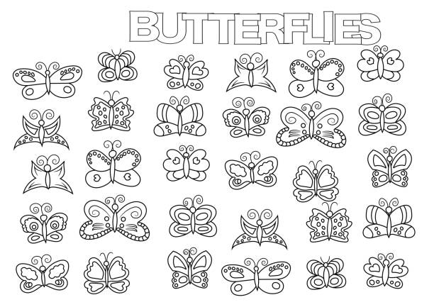 ilustrações de stock, clip art, desenhos animados e ícones de hand drawn butterflies set. coloring book page - summer backgrounds line art butterfly