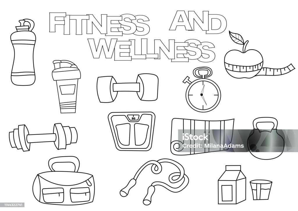 Donuts elements hand drawn set. Coloring book Hand drawn fitness and wellness set. Coloring book template.  Outline doodle elements vector illustration. Kids game page. Coloring stock vector