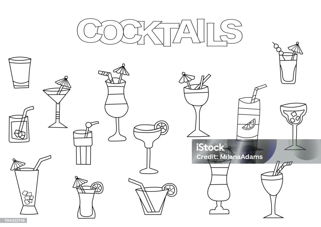 Hand drawn cocktails set. Coloring book template. Hand drawn cocktails set. Coloring book template.  Outline doodle elements vector illustration. Kids game page. Cocktail stock vector