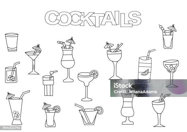 Hand Drawn Cocktails Set Coloring Book Template Stock Illustration - Download Image Now - Cocktail, Drawing - Activity, Gin