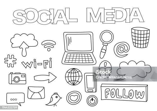 Social Media Elements Hand Drawn Set Stock Illustration - Download Image Now - The Media, Coloring, Child
