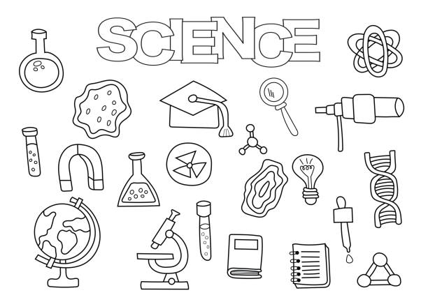 elementy naukowe ręcznie rysowane zestaw. - microscope science healthcare and medicine isolated stock illustrations