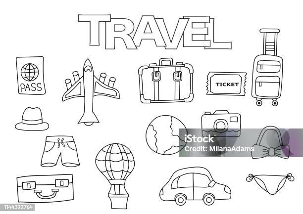 Travel Elements Hand Drawn Set Stock Illustration - Download Image Now - Child, Drawing - Activity, Exploration