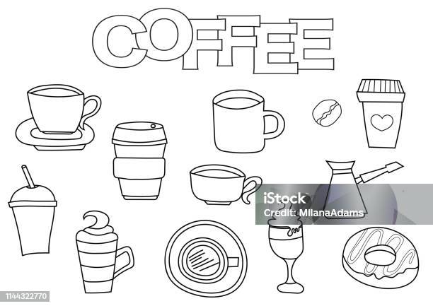 Coffee Elements Hand Drawn Set Stock Illustration - Download Image Now - Child, Coffee Shop, Coloring Book Page - Illlustration Technique