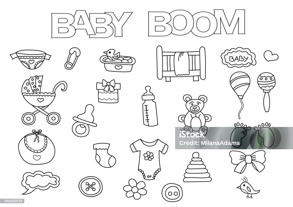 Baby boom elements hand drawn set. Baby boom elements hand drawn set. Coloring book template.  Outline doodle elements vector illustration. Kids game page. Baby - Human Age stock vector