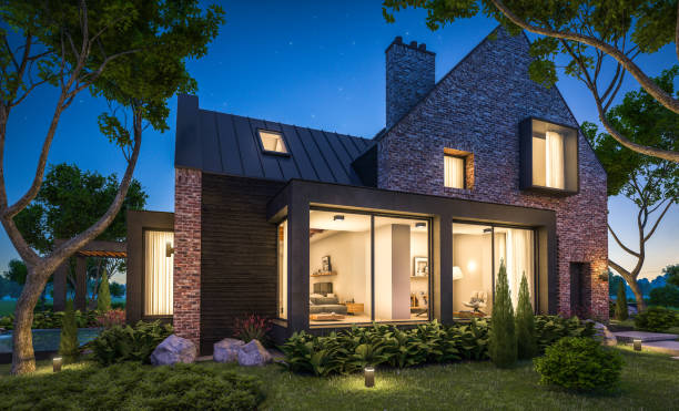 istock 3d rendering of modern clinker house on the ponds with pool in night 1144324570
