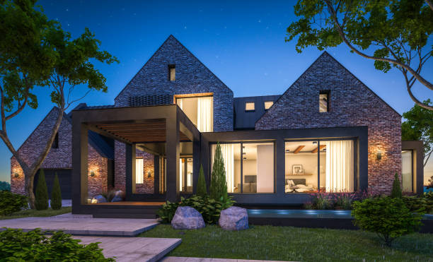 istock 3d rendering of modern clinker house on the ponds with pool in night 1144324571