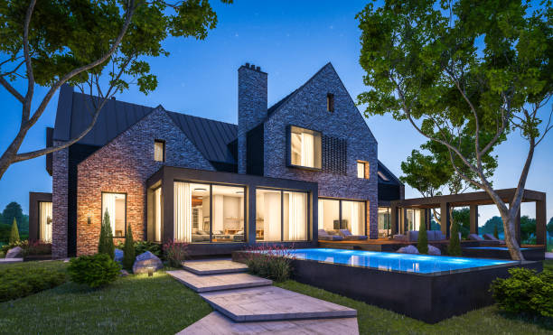 istock 3d rendering of modern clinker house on the ponds with pool in night 1144324574