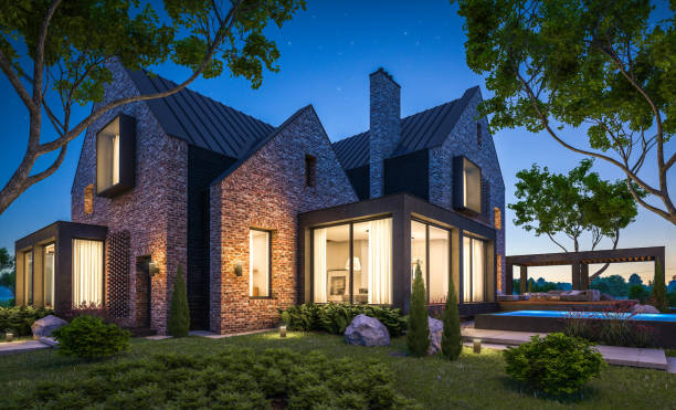 istock 3d rendering of modern clinker house on the ponds with pool in night 1144324586
