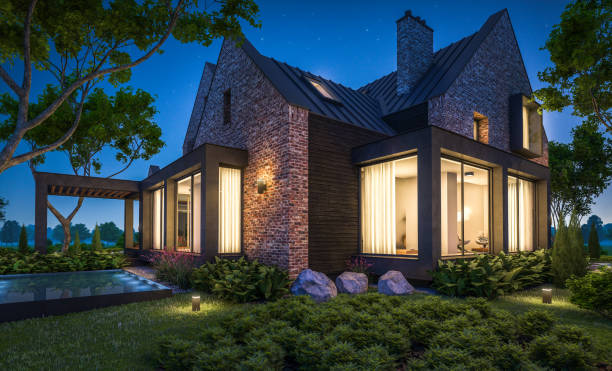 istock 3d rendering of modern clinker house on the ponds with pool in night 1144324600