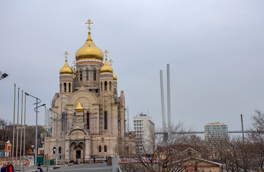 Russia. Vladivostok - April 2019: Construction of Spaso-Preobrazhenskiy Cathedral